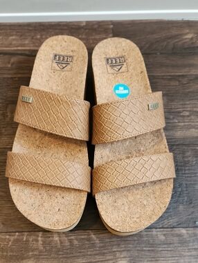 Reef Tan Textured Double Strap Cork Slide Sandals